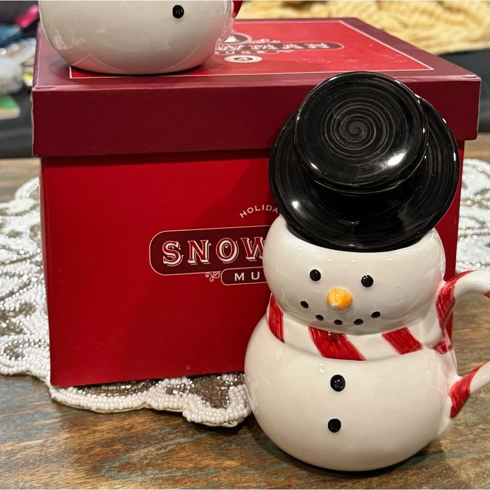 NIB Williams-Sonoma Holiday Snowman Mugs Set of 4 w/ Top Hat Lids – New in Box